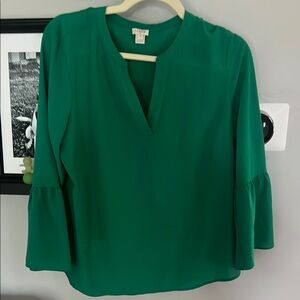 JCrew Green Ruffled 3/4 Sleeve Blouse